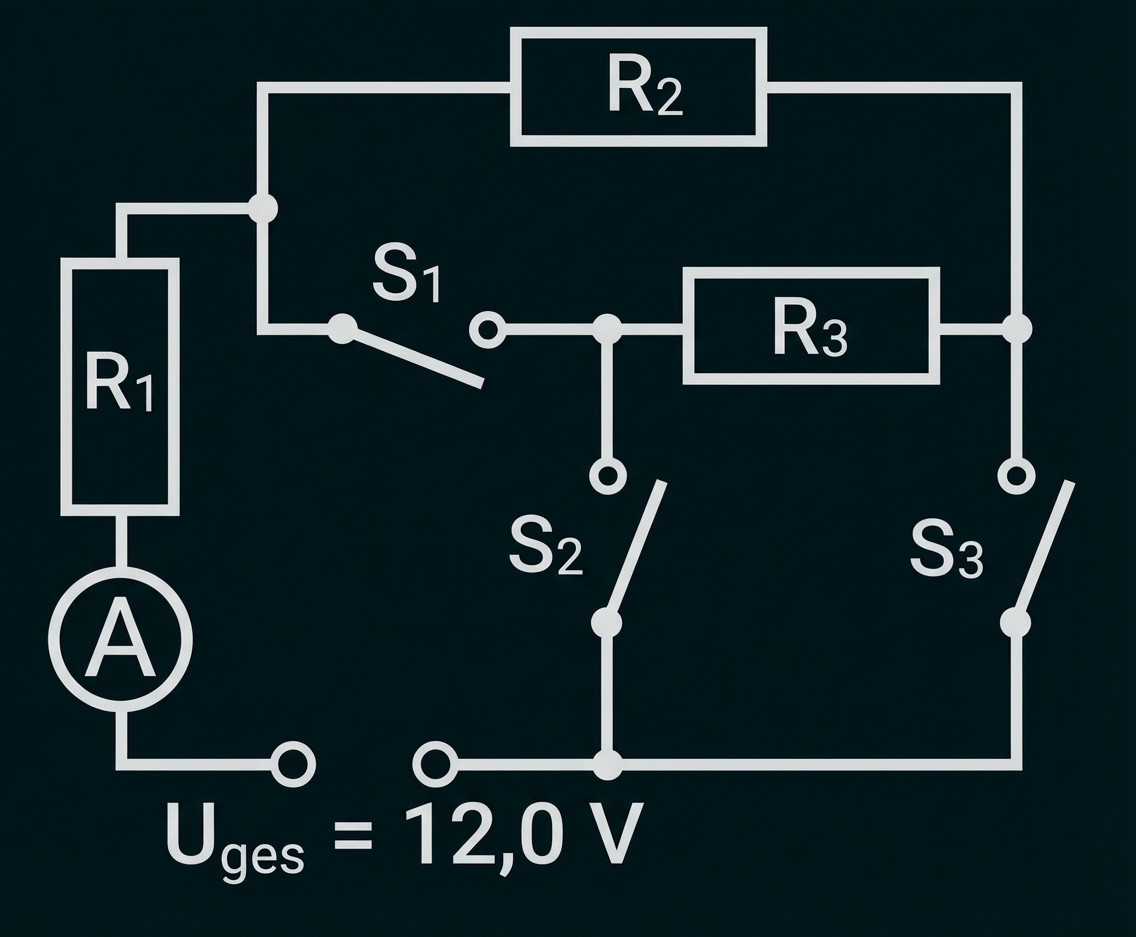 Einfacher Schaltplan: Widerstände R1,R2,R3, Schalter S1-S3, Amperemeter und 12,0 V Spannungsquelle.